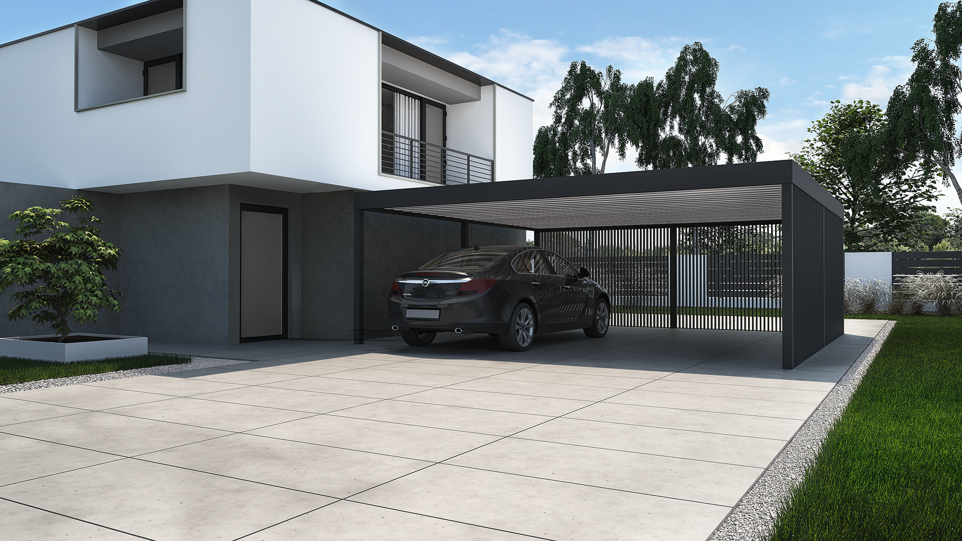 wiata samochodowa dwustanowiskowa ze ścianką boczną